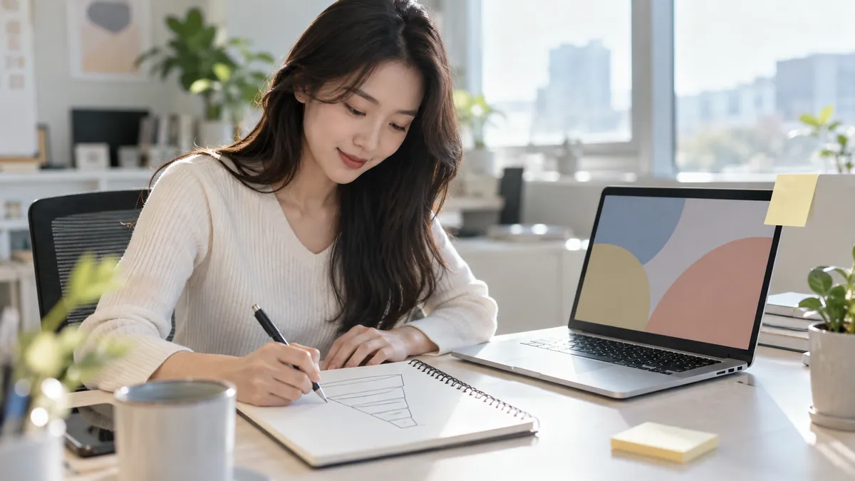 마케팅 담당자가 노트북 앞에서 손님이 들어와 문의하기까지의 흐름을 메모하는 기획 이미지