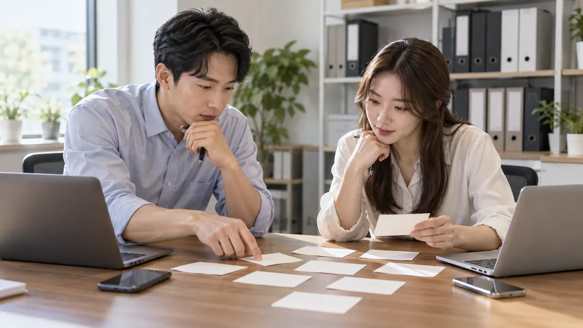 작은 세무 사무소 직원 두 명이 회의 탁자에 노트북과 휴대폰을 펼쳐 놓고 고객이 자주 묻는 질문 목록을 함께 고르는 기획 이미지