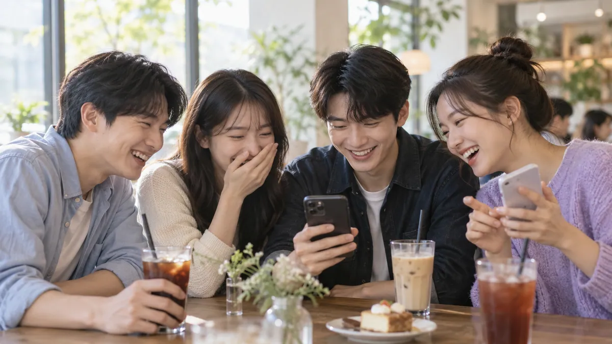 젊은 사람들이 카페에 모여 휴대폰으로 짧은 영상을 함께 보며 웃는 기획 이미지