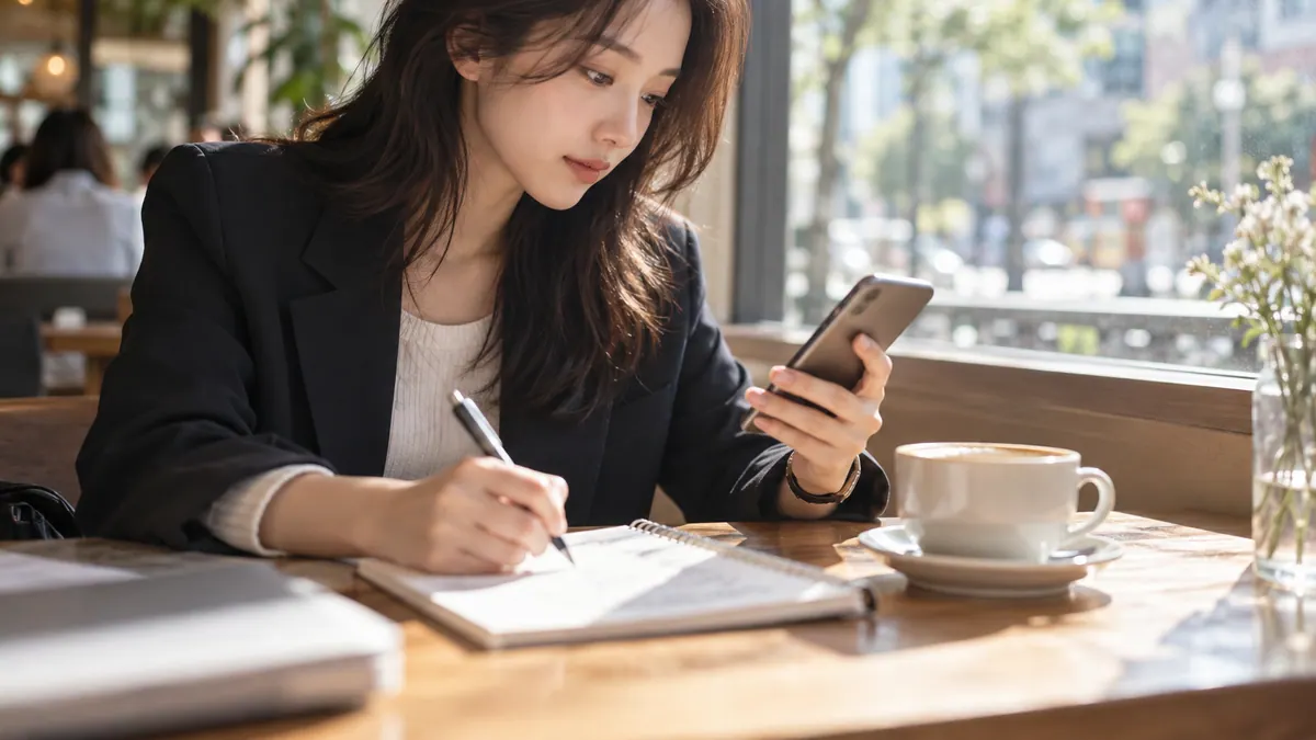 직장인이 카페 창가 자리에서 휴대폰으로 검색 답변을 읽으며 노트에 메모하는 기획 이미지
