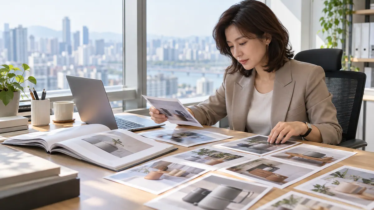 작은 수출 회사 담당자가 사무실 창가 책상에서 노트북을 켜고 회사 소개서와 제품 사진을 나란히 놓고 고르는 기획 이미지