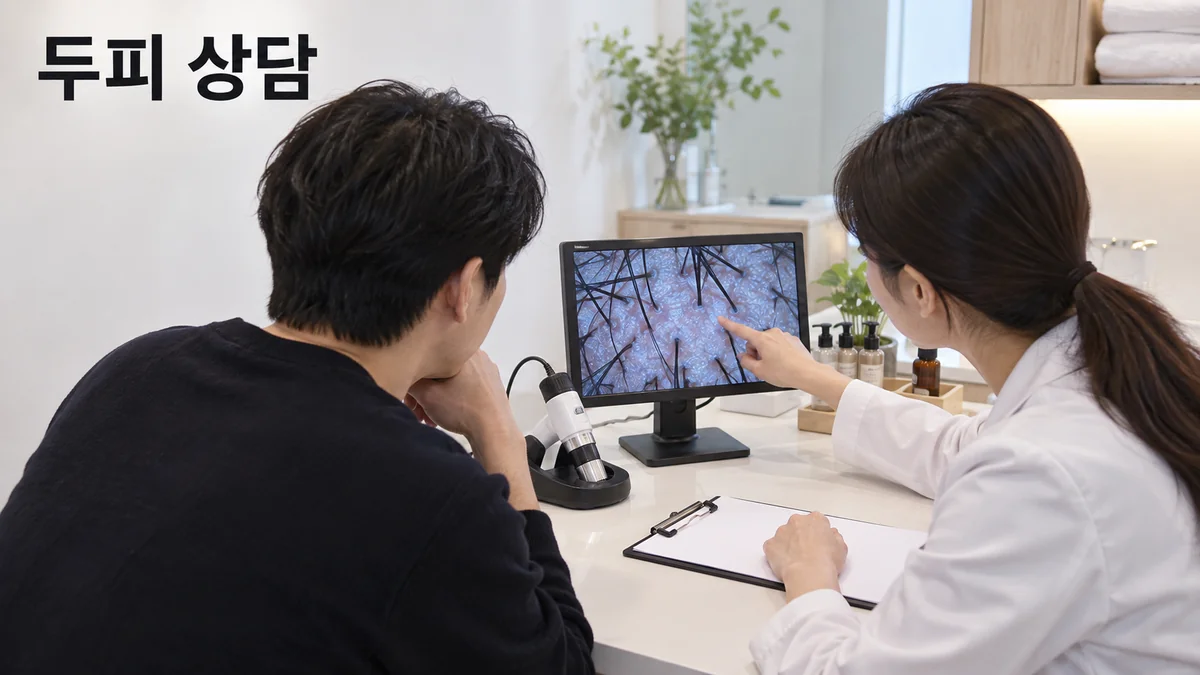 상담자가 고객과 함께 확대된 두피 관찰 화면을 살펴보는 기획 이미지입니다.