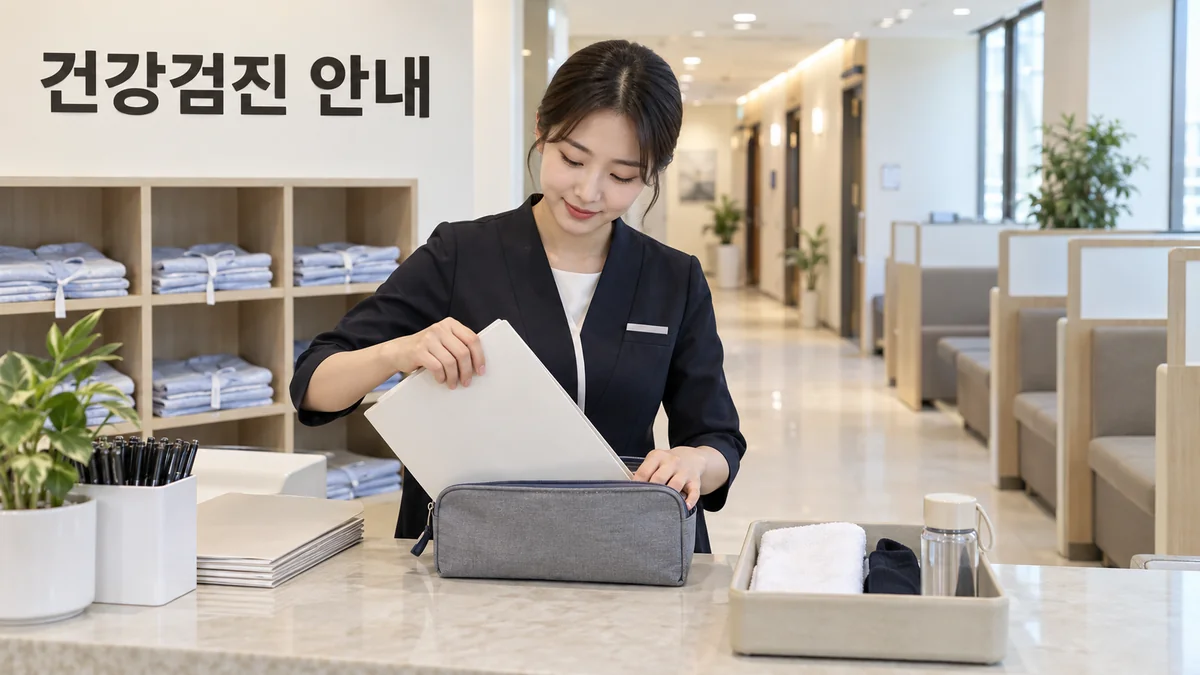 건강검진 접수 공간에서 안내 직원이 문서와 준비물을 정리하는 기획 이미지입니다.