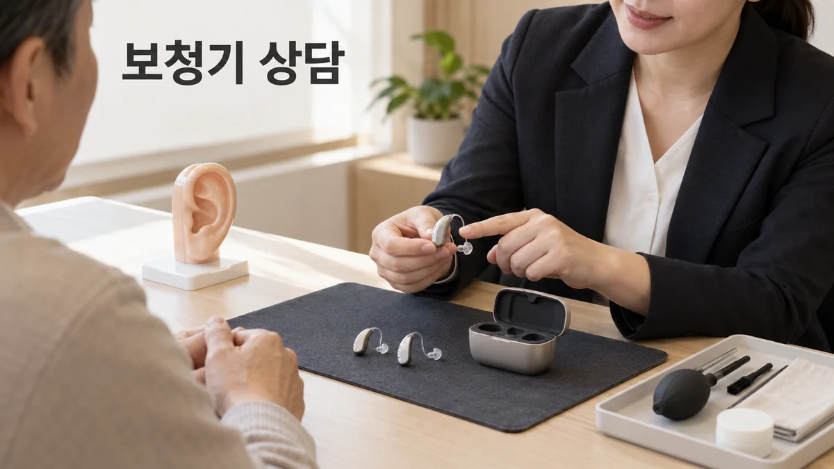 상담자가 보청기의 형태와 관리 도구를 고객에게 설명하는 기획 이미지입니다.