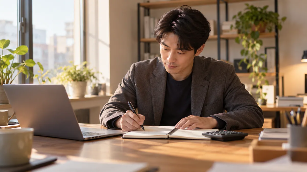 작은 사무실에서 사장님이 노트북 옆에 계산기와 수첩을 두고 홈페이지 예산을 정리하는 기획 이미지