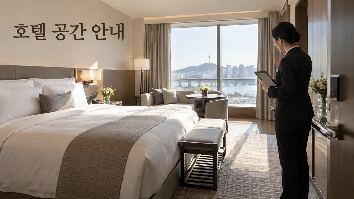 호텔 객실에서 직원이 태블릿을 들고 침대와 창가 공간을 살펴보는 기획 이미지입니다.