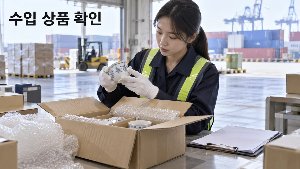 화물창고 작업대에서 담당자가 포장을 열고 도자기 찻잔의 상태를 살펴보는 기획 이미지입니다.