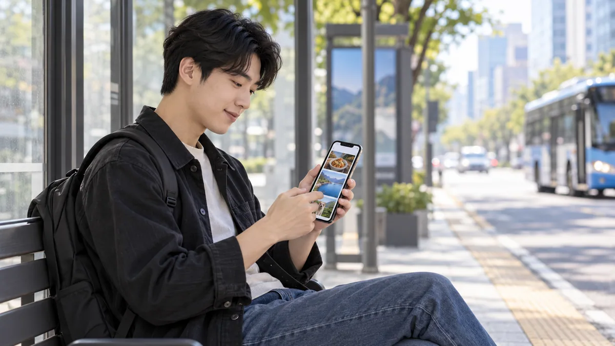 버스 정류장에서 손님이 스마트폰 피드를 넘기며 광고 화면을 지나치는 기획 이미지