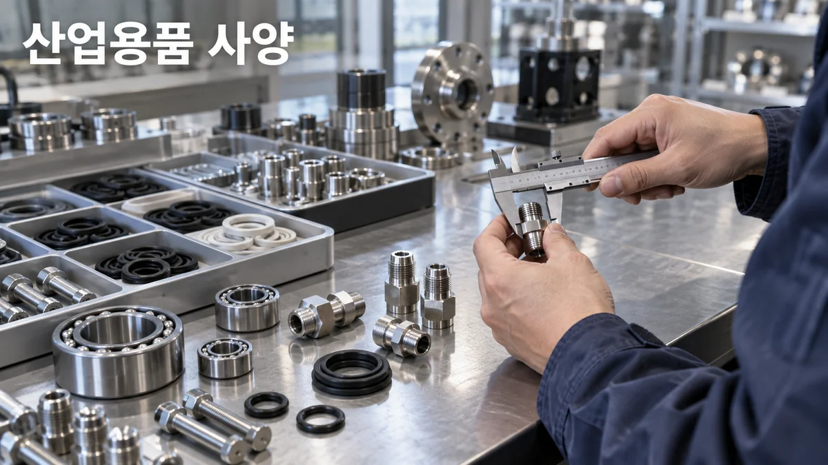 기술자가 산업용 연결 부품을 캘리퍼스로 측정하고 주변 부품을 비교하는 기획 이미지입니다.