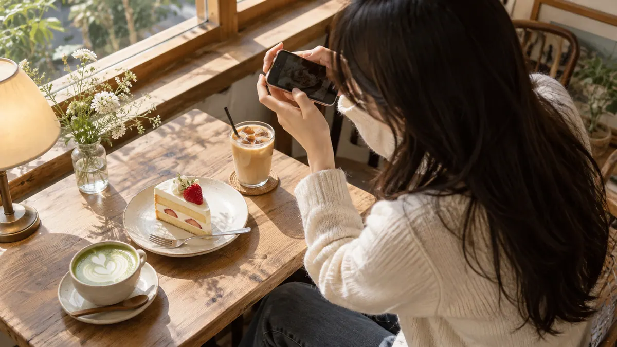 작은 디저트 카페 창가 자리에서 손님이 휴대폰으로 케이크와 음료를 위에서 내려다보며 촬영하는 기획 이미지