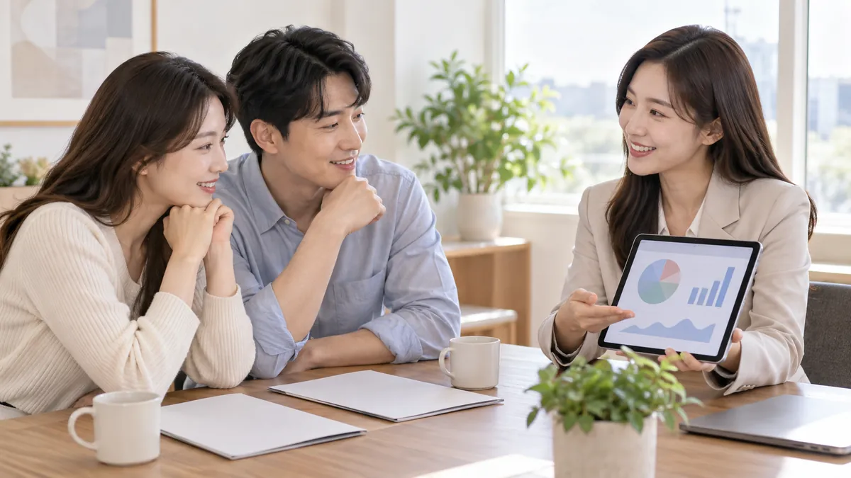 상담 공간에서 보험설계사가 태블릿으로 부부에게 보장 내용을 설명하는 기획 이미지