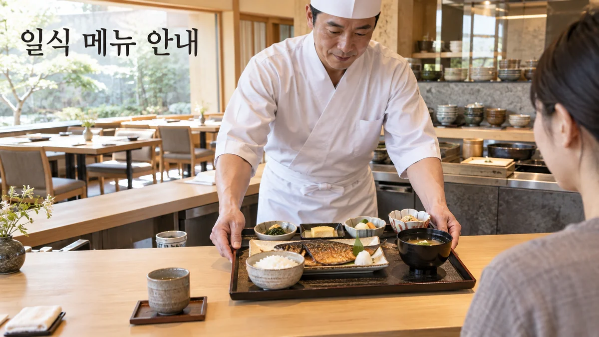 일식 요리사가 생선 정식 트레이를 카운터의 고객에게 제공하는 기획 이미지입니다.