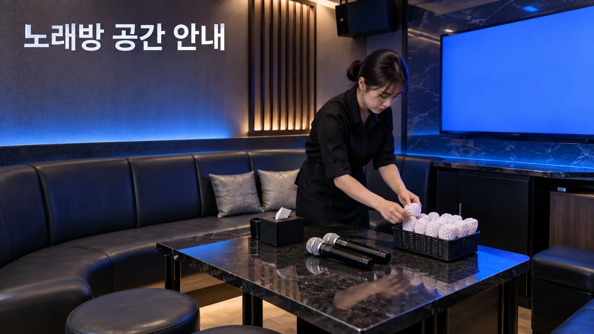 노래방 직원이 룸의 테이블에서 마이크와 커버를 정돈하는 기획 이미지입니다.
