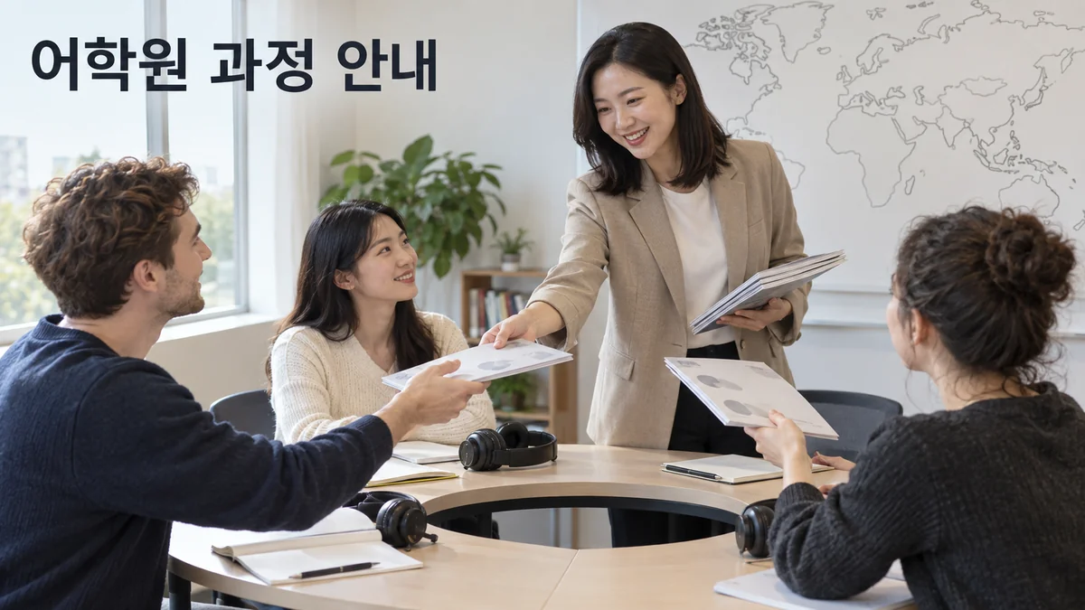 어학원 강사가 성인 학습자들에게 수업 자료를 나눠주는 기획 이미지입니다.