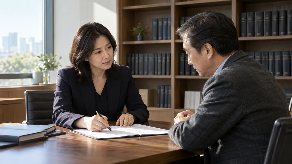 법률사무소 상담실에서 변호사가 의뢰인과 서류를 보며 상담하는 기획 이미지