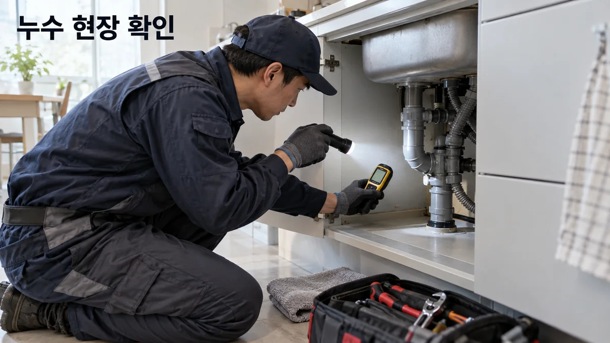 점검자가 싱크대 아래 배관을 손전등과 측정기로 살펴보는 기획 이미지입니다.