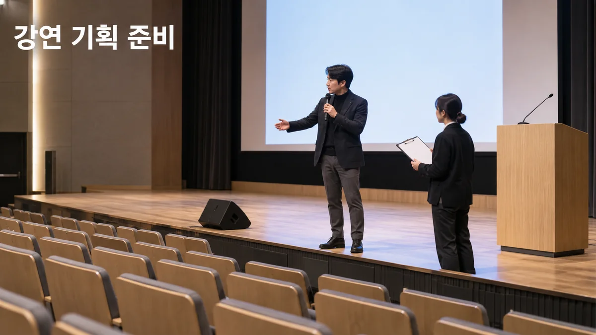강사와 행사 담당자가 빈 강연장에서 마이크와 객석을 확인하는 기획 이미지입니다.
