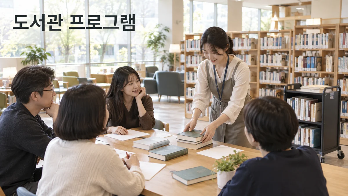 도서관 사서가 독서 모임 테이블에 책과 활동지를 준비하는 기획 이미지입니다.