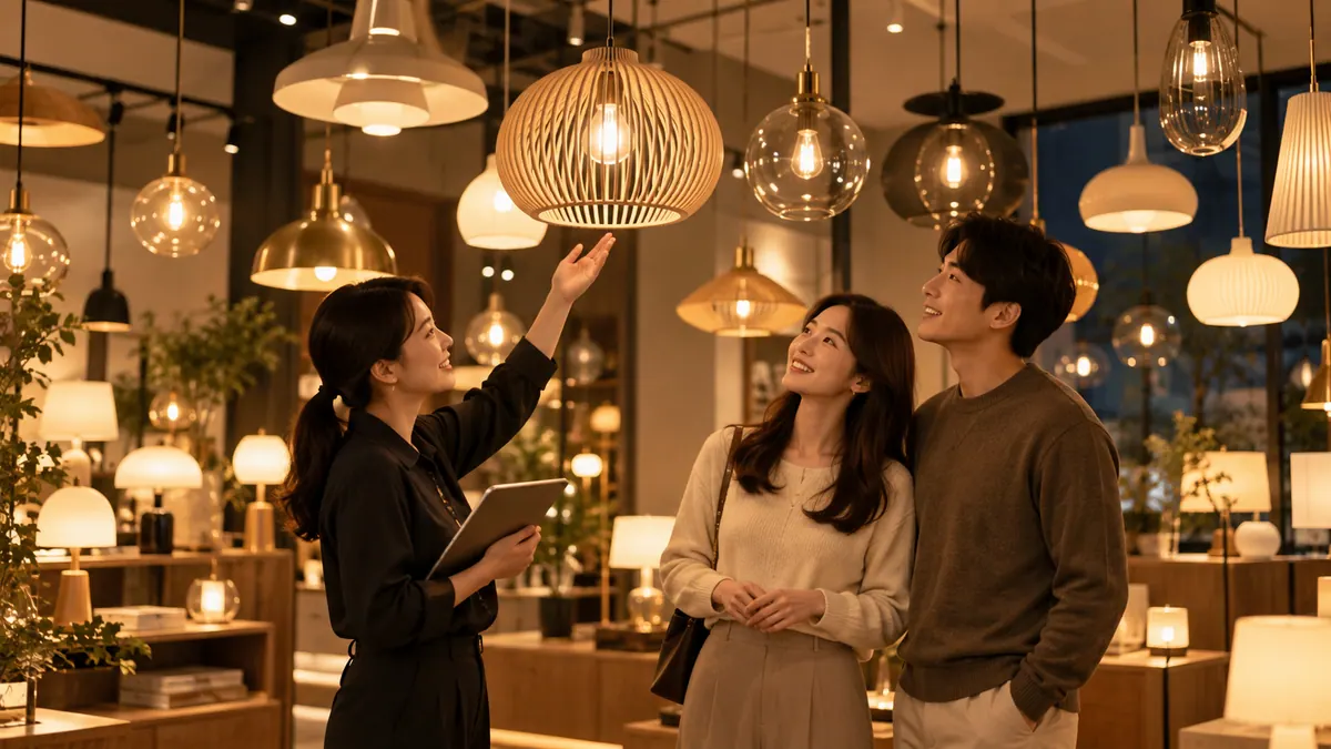따뜻한 불이 켜진 펜던트 조명들이 천장에 걸린 조명 매장에서 직원이 손님에게 조명을 보여 주는 기획 이미지