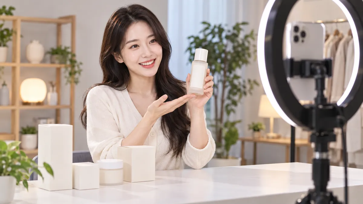 작은 스튜디오에서 진행자가 스마트폰 거치대 앞에서 상품을 들어 보이며 생방송을 하는 기획 이미지