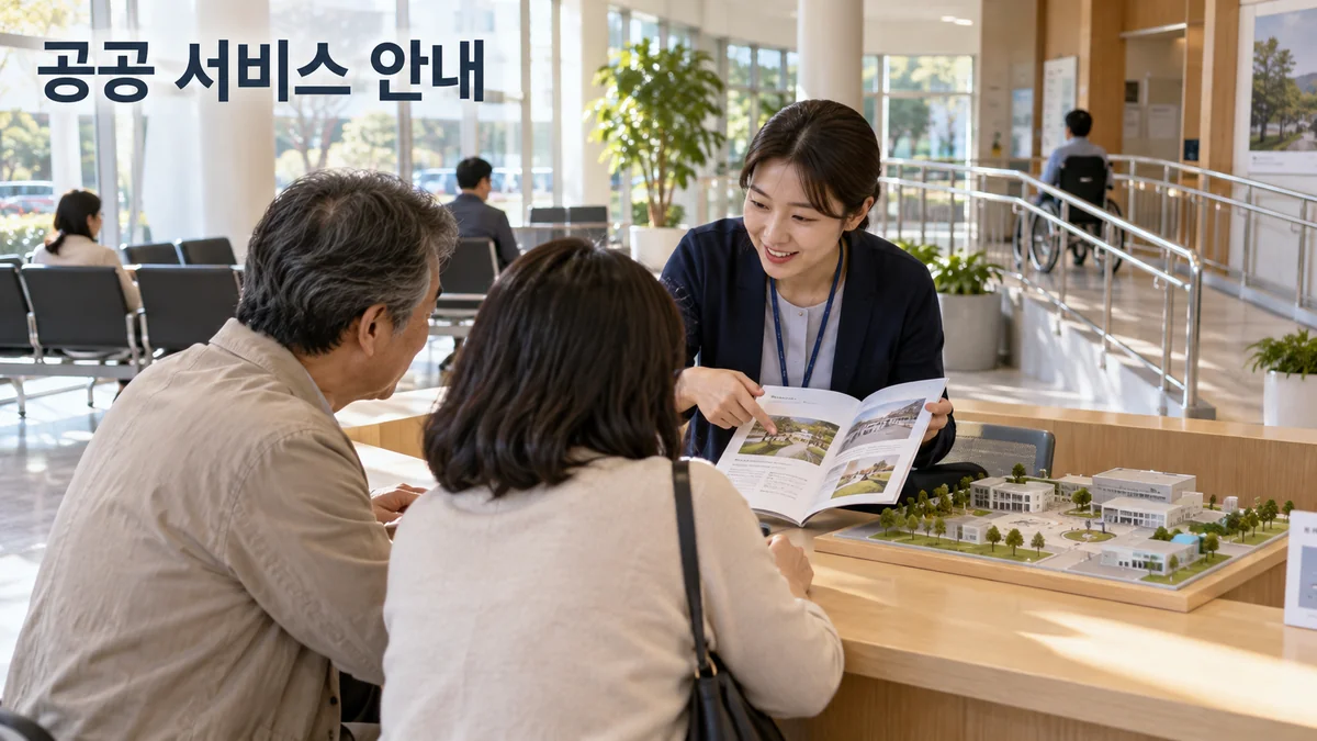 공공 안내 직원이 시민들에게 책자와 시설 모형으로 이용 정보를 설명하는 기획 이미지입니다.