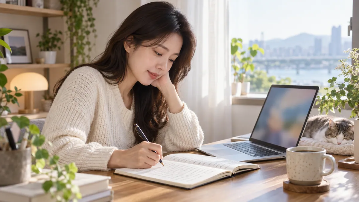 블로그 운영자가 책상에서 노트에 손님이 실제로 묻는 긴 질문들을 적어 정리하는 기획 이미지