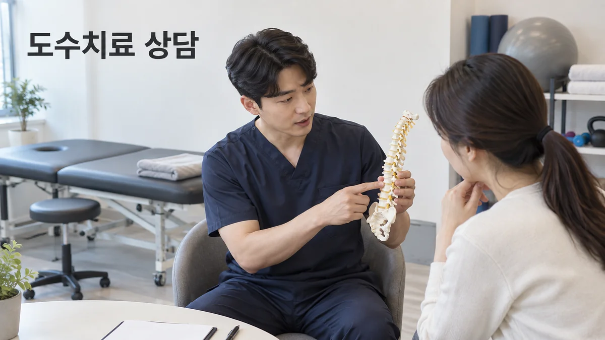 재활 상담자가 척추 모형을 들고 성인 고객에게 설명하는 기획 이미지입니다.