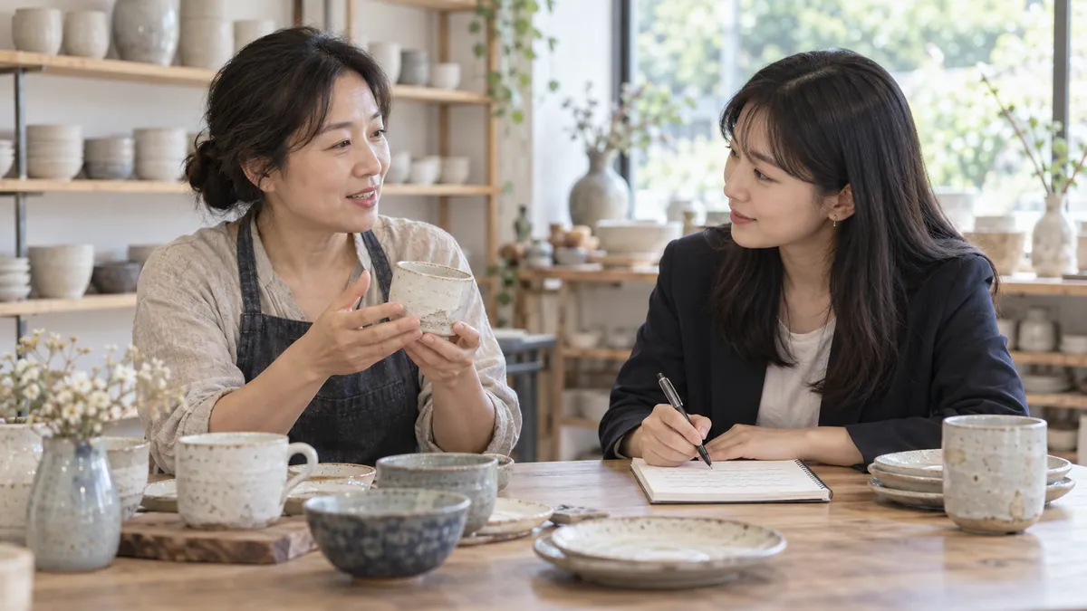 작은 가게 사장님과 마케팅 담당자가 테이블에 상품을 놓고 다른 가게와 다른 점을 메모하는 기획 이미지