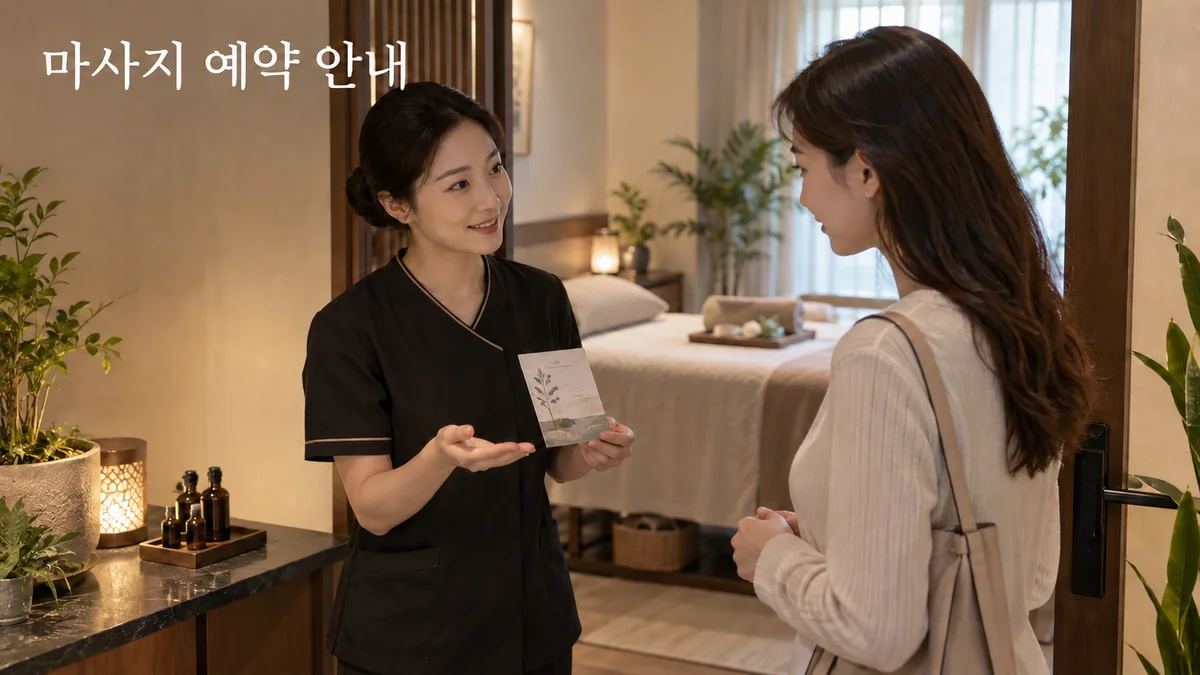 관리 담당자가 고객에게 마사지 예약 안내 카드와 관리실 공간을 소개하는 기획 이미지입니다.