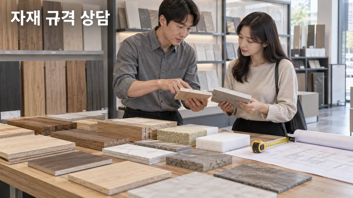 자재 담당자와 고객이 목재·타일·단열재 샘플을 비교하는 기획 이미지입니다.
