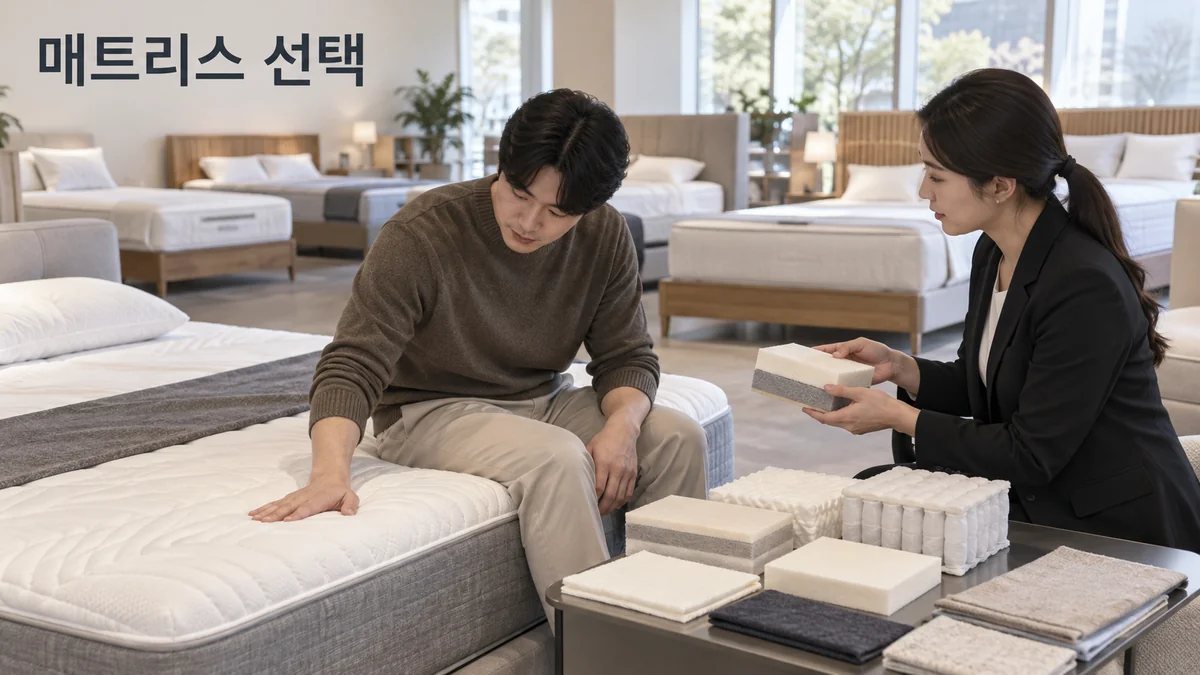 고객이 매트리스에 앉아 표면을 확인하고 담당자가 소재 단면을 설명하는 기획 이미지입니다.