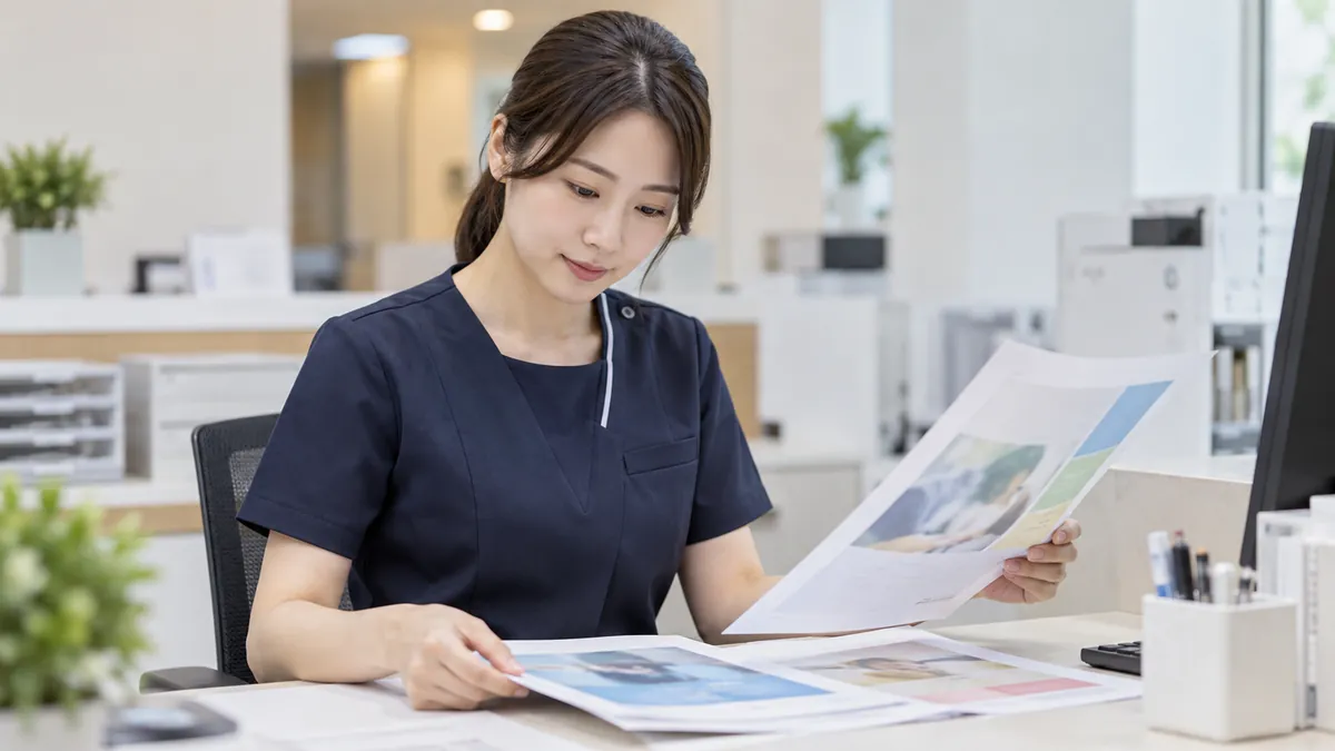 병원 원무 사무실에서 직원이 광고 시안 출력물을 넘기며 검토하는 기획 이미지