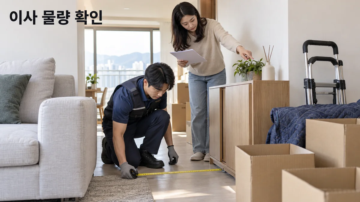 이사 담당자와 거주자가 가구 사이 통로와 옮길 물품을 확인하는 기획 이미지입니다.