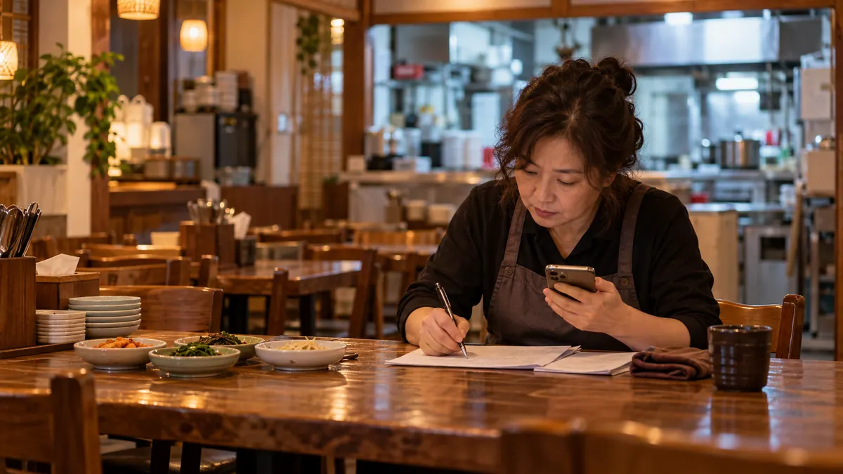 동네 한식당 사장님이 저녁 장사 전 가게 테이블에 앉아 휴대폰으로 검색 답변을 읽으며 가게 소개 문장을 고치는 기획 이미지