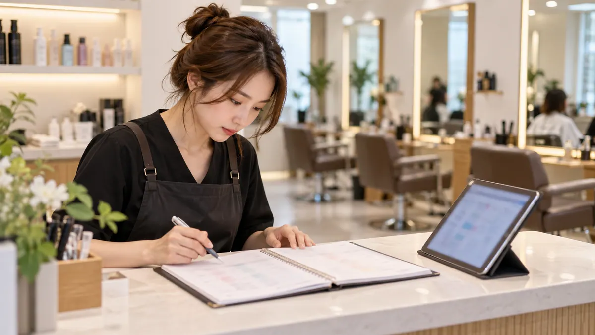 동네 미용실 원장님이 접수대에서 태블릿과 종이 예약 장부를 나란히 놓고 이번 주 예약 시간을 맞춰 보는 기획 이미지