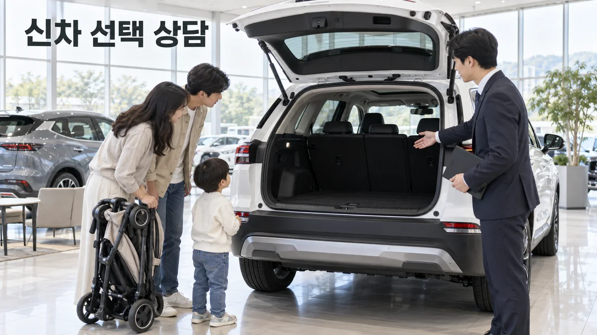 자동차 상담자가 가족에게 신차 트렁크의 적재 공간을 보여주는 기획 이미지입니다.