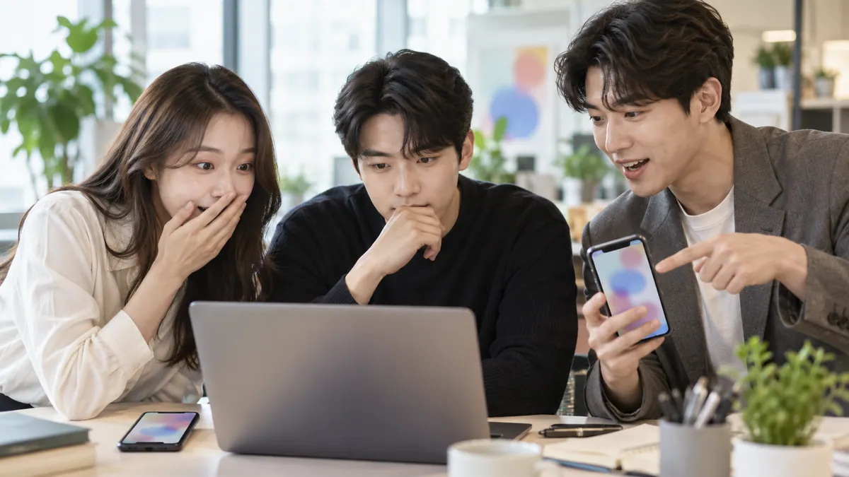 마케팅 담당자들이 사무실에서 휴대폰과 노트북으로 새 광고에 대한 사람들의 반응을 살펴보는 기획 이미지