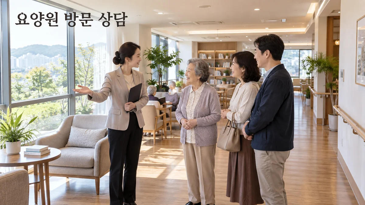 요양원 안내 담당자가 노년 이용자와 가족에게 공용 거실을 소개하는 기획 이미지입니다.
