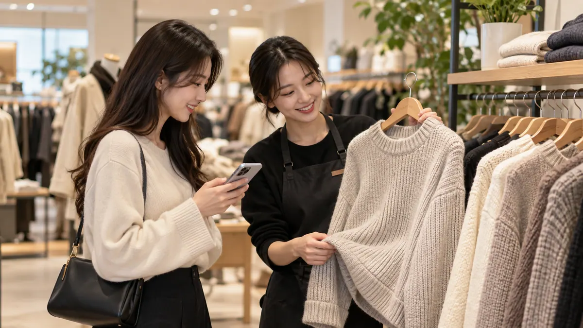 동네 옷가게 매장에서 손님이 스마트폰으로 본 옷을 직원이 진열대에서 꺼내 보여 주는 기획 이미지