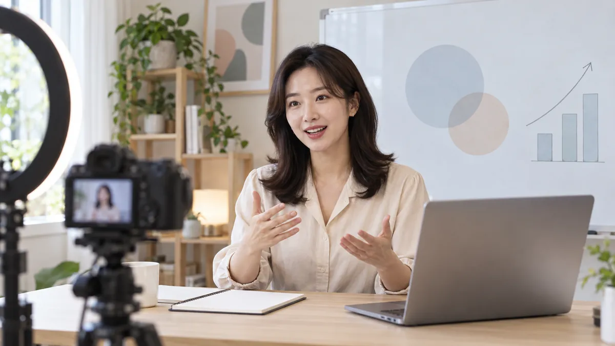 작은 스튜디오에서 강사가 카메라 앞에서 온라인 강의를 녹화하는 장면의 기획 이미지
