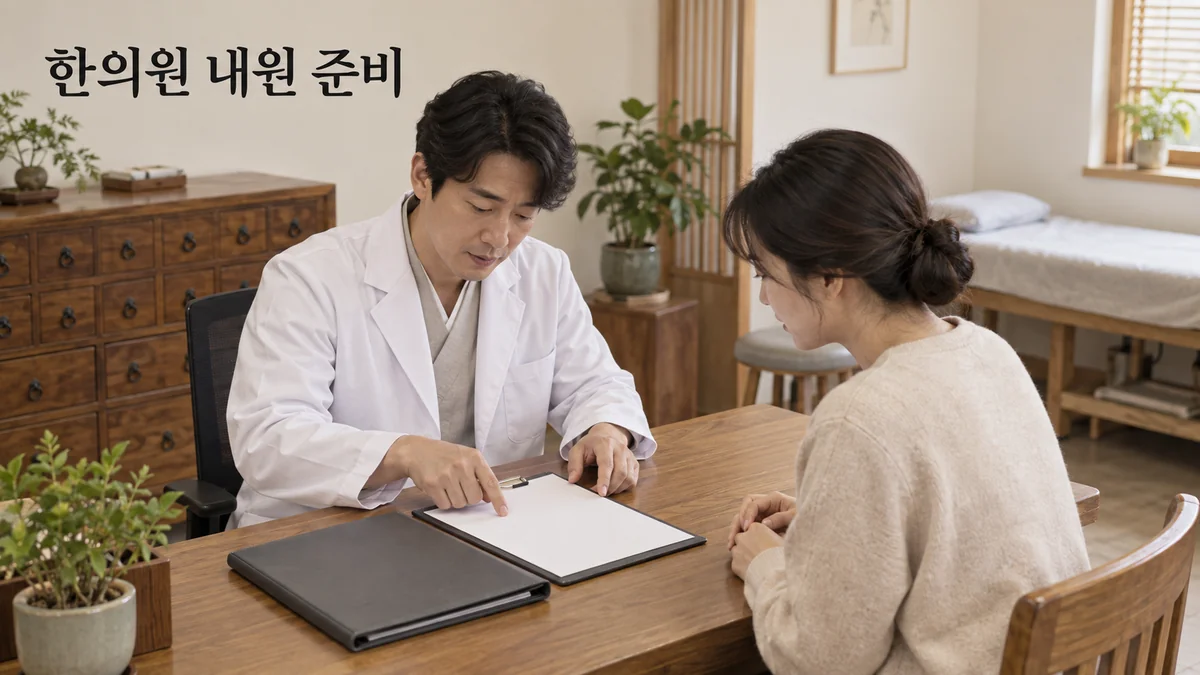 한의원 의료진이 성인 내원자와 방문 준비 안내 자료를 확인하는 기획 이미지입니다.