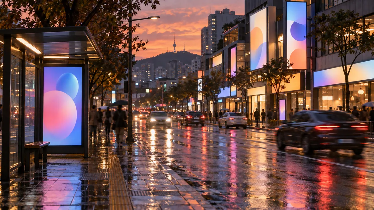 저녁 무렵 상가 거리에서 가게 간판과 버스정류장 광고판이 함께 보이는 기획 이미지
