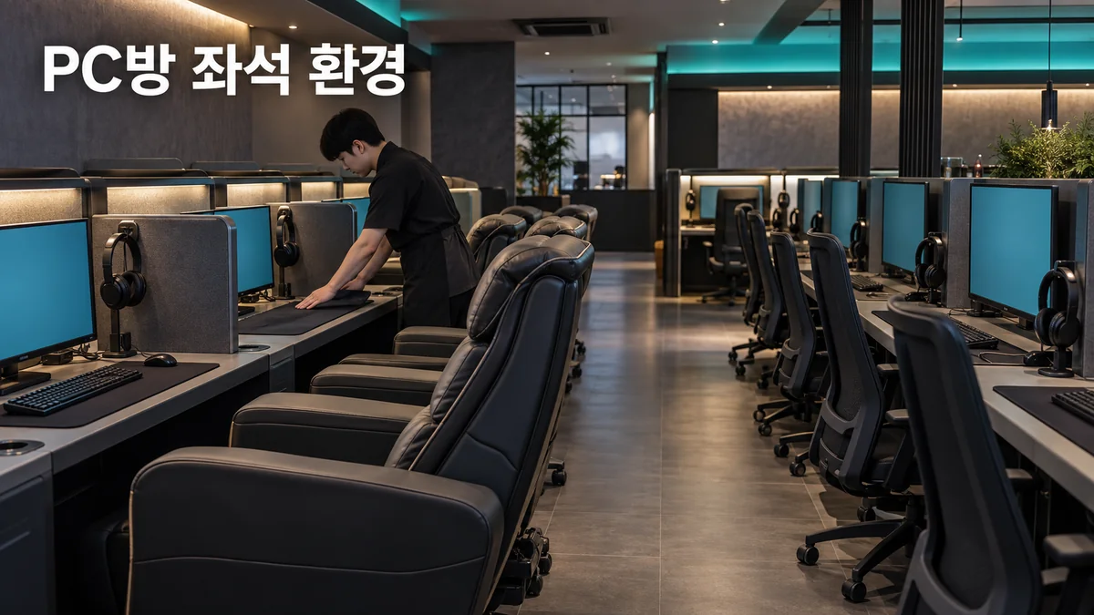 PC방 직원이 정돈된 좌석의 마우스패드와 장비를 준비하는 기획 이미지입니다.