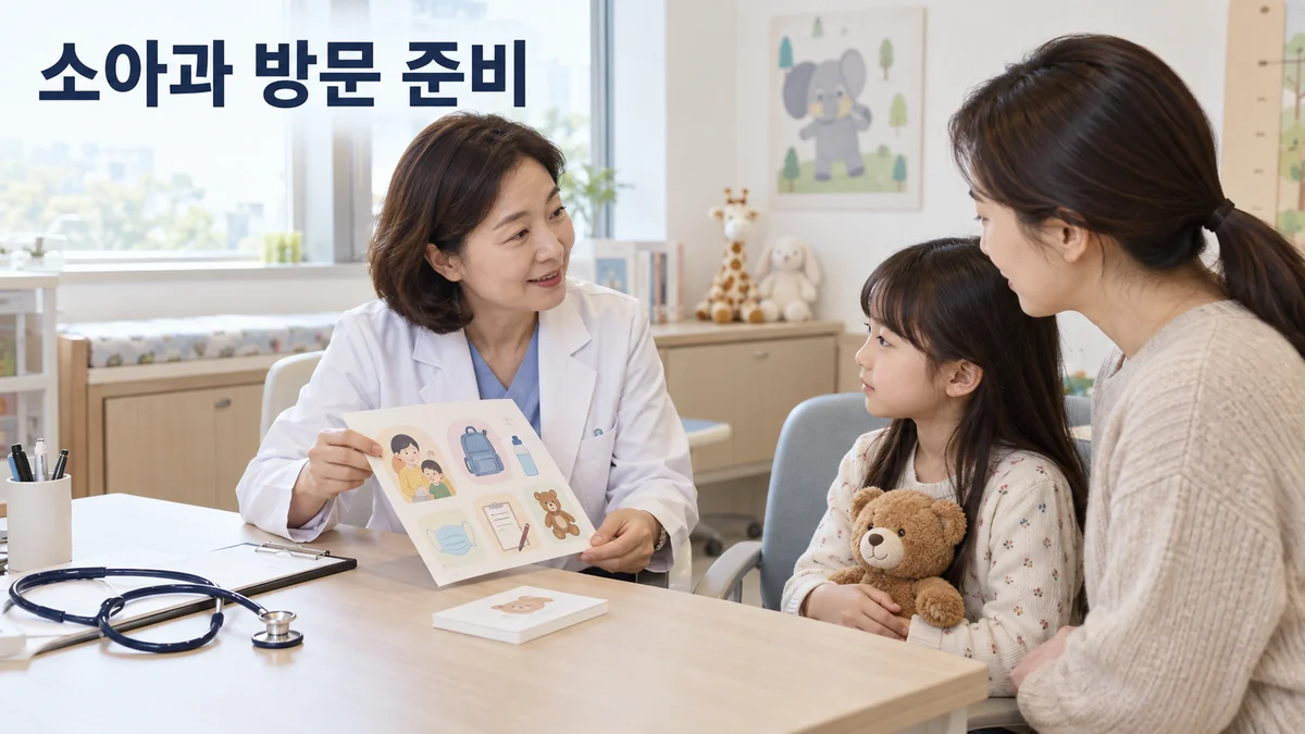 소아과 의료진이 아이와 보호자에게 방문 준비 그림 자료를 설명하는 기획 이미지입니다.