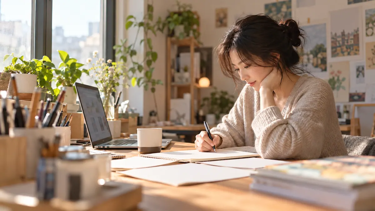 작은 작업실에서 프리랜서가 노트북 옆에 손글씨 메모를 펼쳐 두고 소개 글을 다듬는 기획 이미지