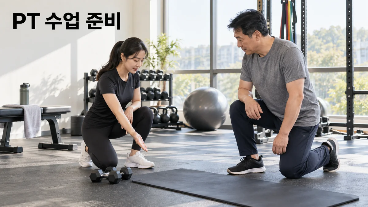 트레이너가 회원에게 매트와 가벼운 덤벨을 이용한 수업 준비를 설명하는 기획 이미지입니다.