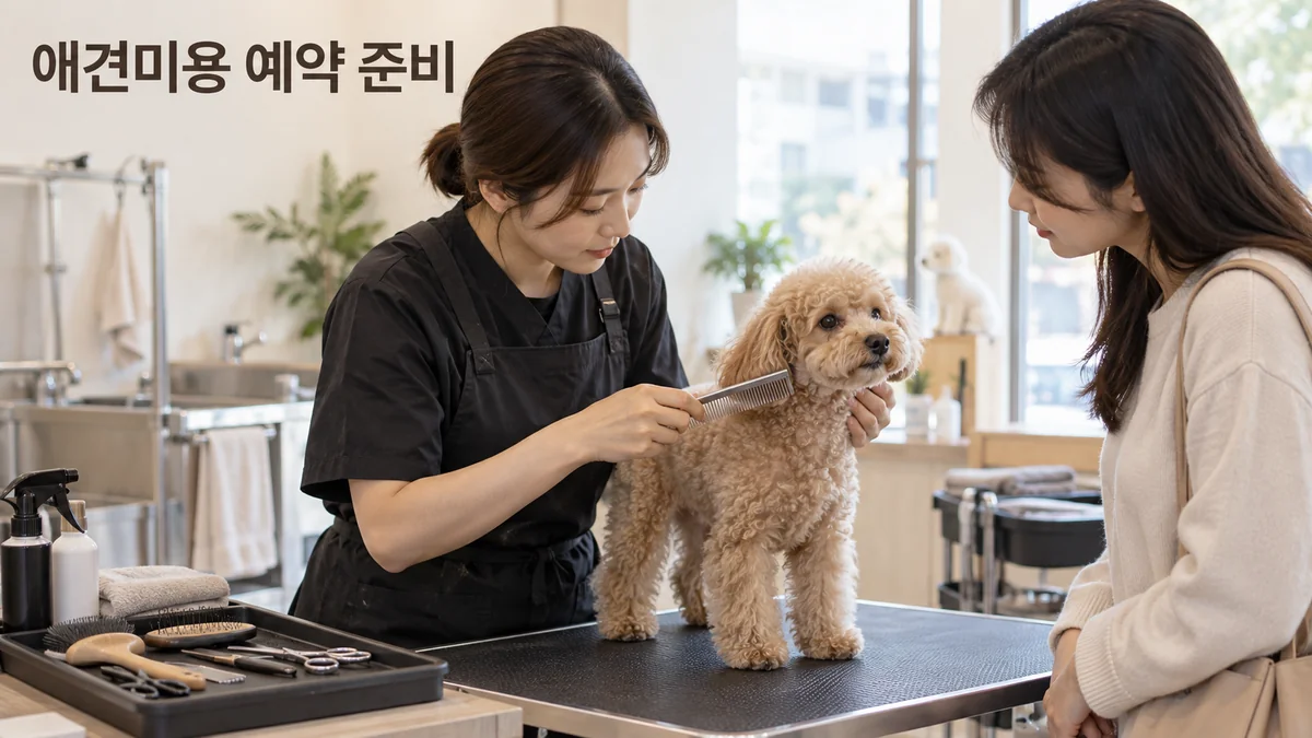애견 미용사가 보호자와 함께 강아지의 털 상태를 빗으로 살펴보는 기획 이미지입니다.