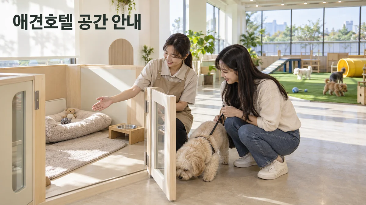 애견호텔 담당자가 보호자와 반려견에게 개별 휴식 공간을 안내하는 기획 이미지입니다.