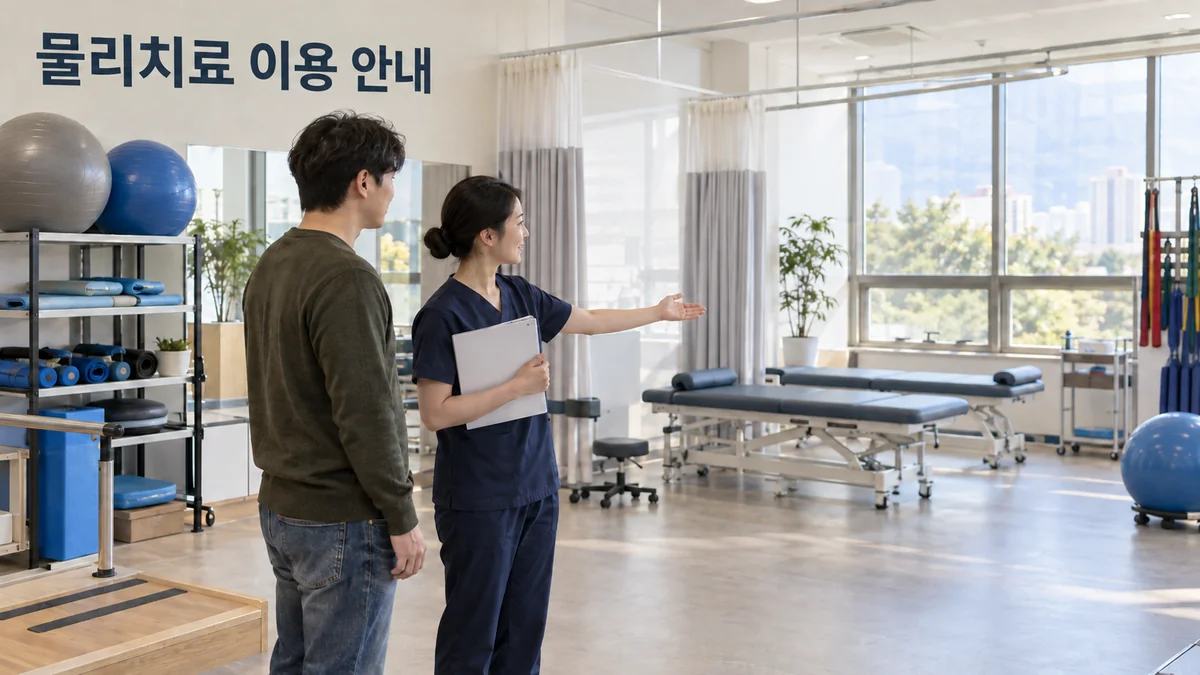 물리치료실 담당자가 성인 이용자에게 베드와 재활 도구가 있는 공간을 안내하는 기획 이미지입니다.