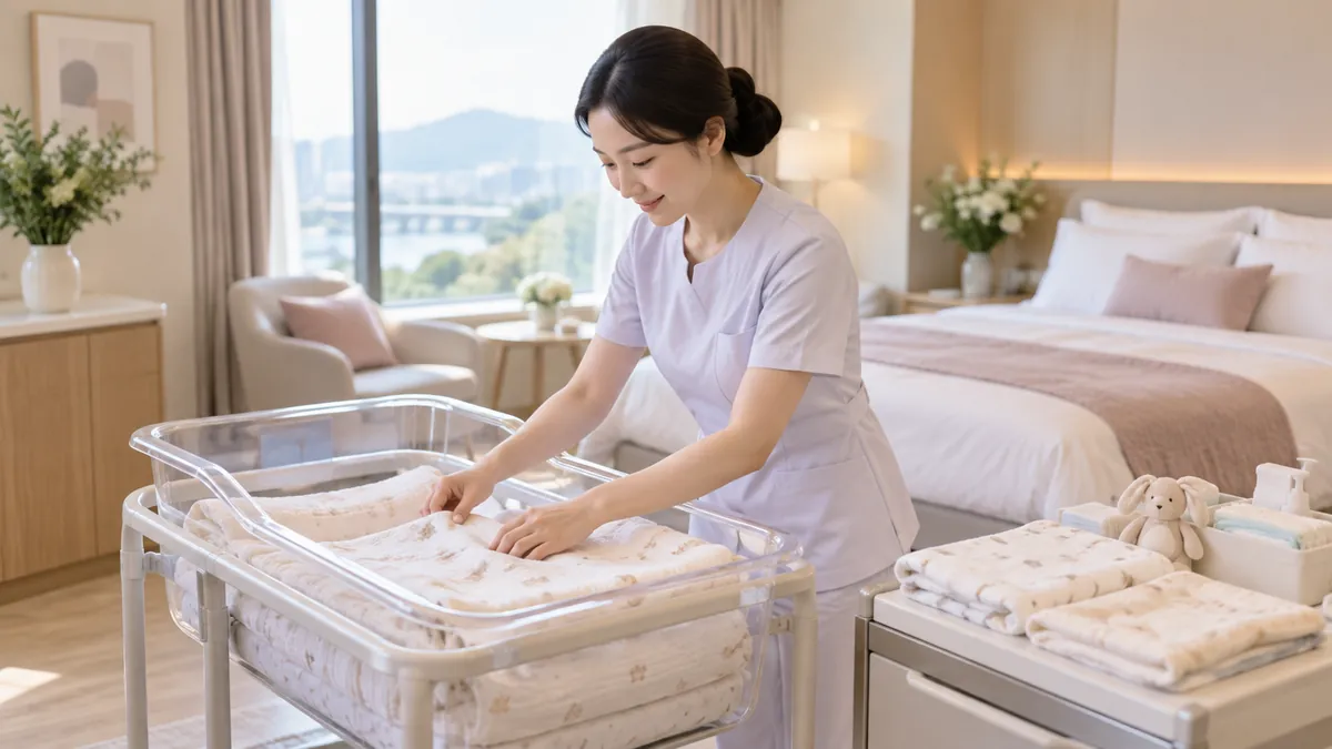 산후조리원 객실에서 간호 인력이 아기 침대와 이불을 정돈하는 장면의 기획 이미지